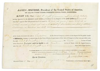 MONROE, JAMES. Three partly-printed vellum Documents Signed, as President, each granting land to various parties.